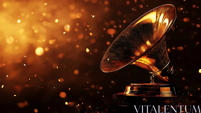 Golden gramophone trophy glows amid floating bokeh sparks.