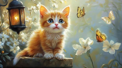 Ginger Kitten Surrounded by Flowers and Luminous Lantern in Ethereal Garden Setting