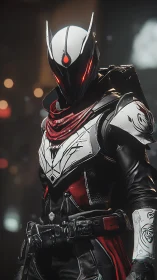 Cybernetic vigilante in red-trimmed exosuit stands poised.