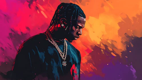 Contemplative hip-hop figure set in vibrant neon clouds.