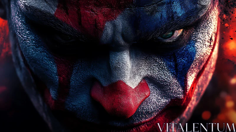 Intense clown visage in fiery cinematic close-up portrait.
