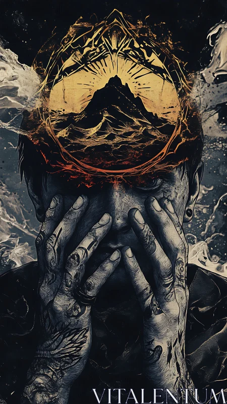 Engraved portrait fuses turbulent seascape and erupting mindscape