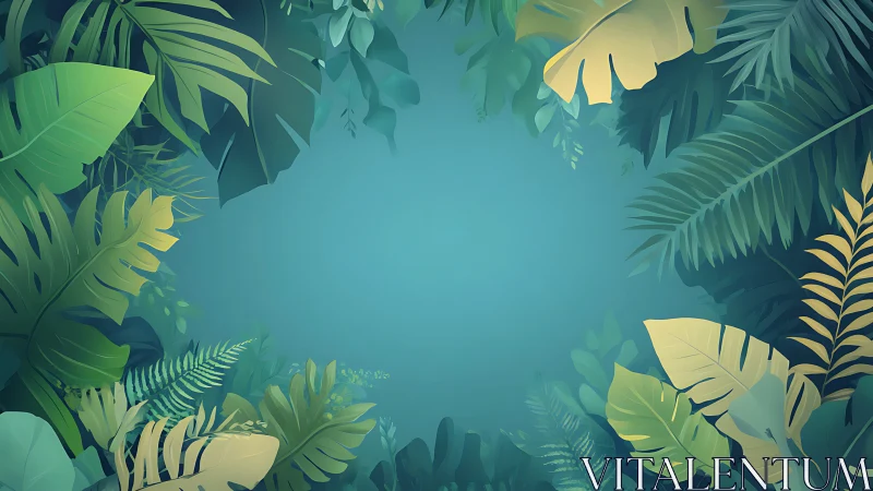 Emerald jungle leaves framing a dreamy teal clearing.