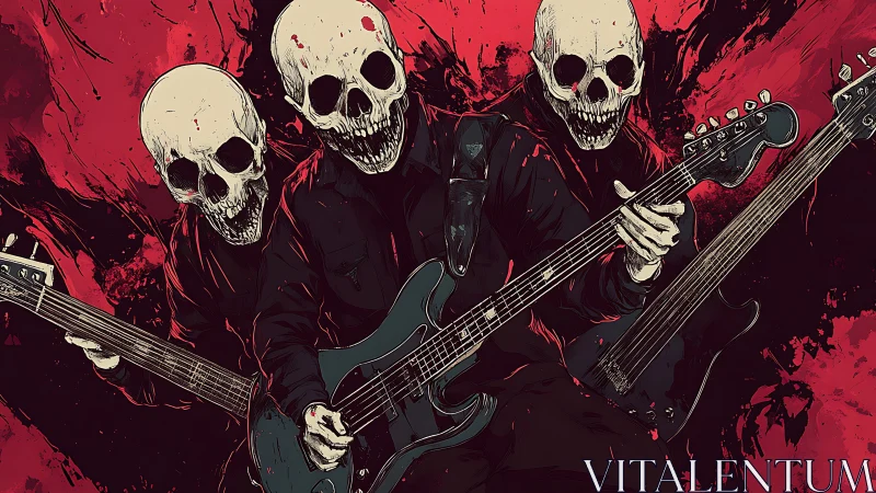 Skull-headed guitarists in stylized red and black scene.