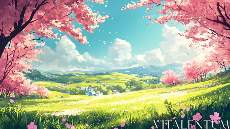 Blossom-framed valley morning washing hills in golden hush.