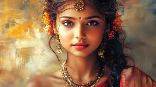 Sunlit gaze braids tradition and color into quiet flame