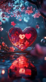 Heart-shaped transparent container with red flowers in blue environment.