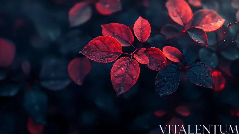 Macro bokeh study of red foliage with raindrops, low key lighting