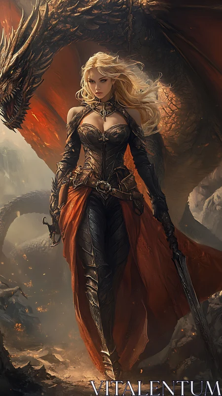 Armored elf dragonrider advances through embers with controlled resolve