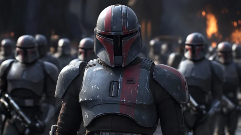 Armored sci fi soldier leads elite squad through burning battlefield.