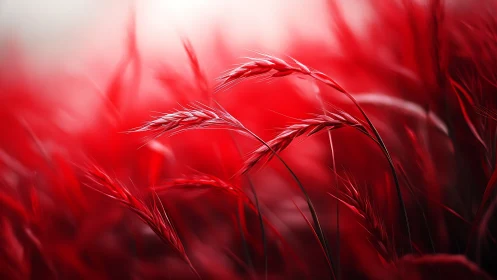 Scarlet wheat stalks glow softly in ethereal sunlight