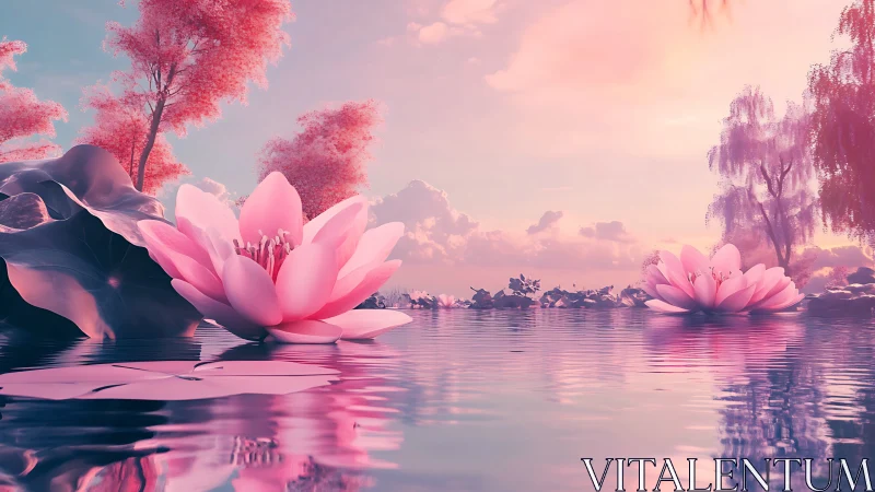Pastel lotus lagoon under cinematic pink twilight glow.