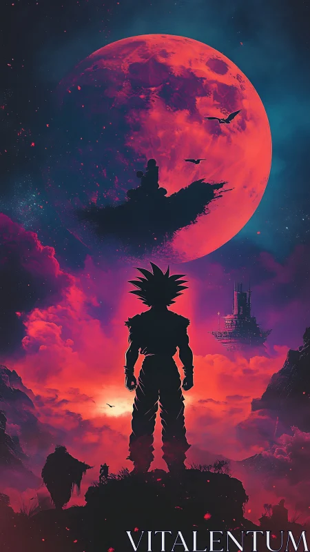 Cosmic warrior gazes toward a blazing crimson eclipse sky.