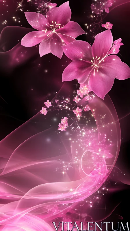 Glistening pink blossoms drift gently through soft starlight