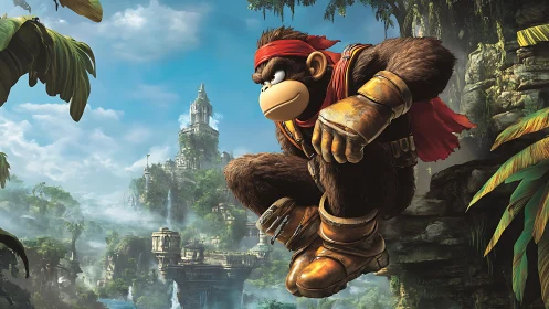 Armored jungle ape poised above misty temple ruins.