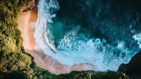 Emerald cliffside hugs turquoise surf on secret sunrise shore.