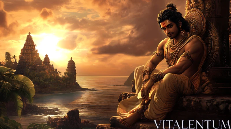 Male figure sits by coastal temple complex at sunset