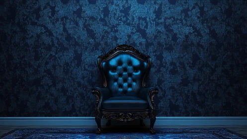 Baroque tufted armchair centered in monochrome blue chamber.