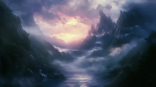 Digital painting of misty fantasy mountains and cascades at dawn.