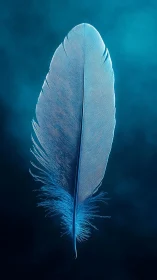 Soft blue feather floating in a dreamy teal glow.