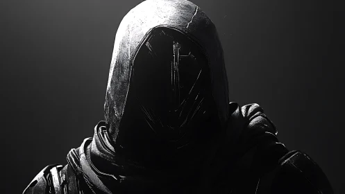 Hooded cybernetic wraith rendered in stark chiaroscuro lighting