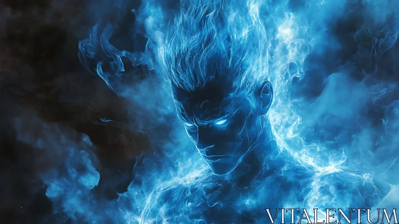 Blue energy spirit emerges from swirling ethereal flames.