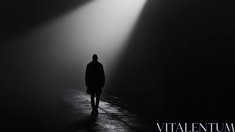 Solitary silhouette quietly negotiates a tunnel of poured light