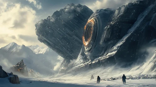 Colossal crashed ring-portal starship in glacial mountain valley