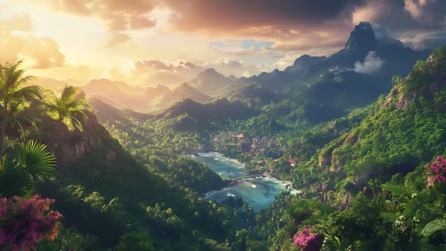 Coastal tropical valley shows dense forest, bay and village