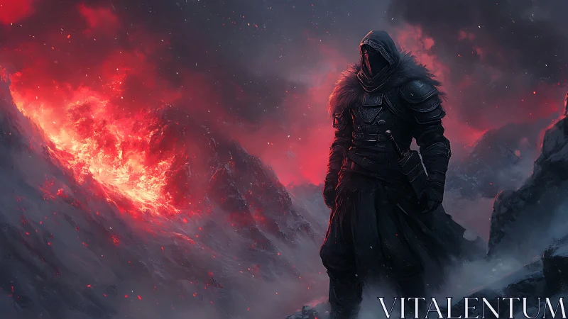 Hooded armored wanderer surveys burning volcanic ravine