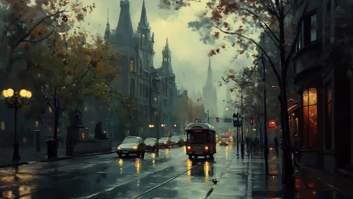 Rain-soaked city street shows tram and cars under dim lights
