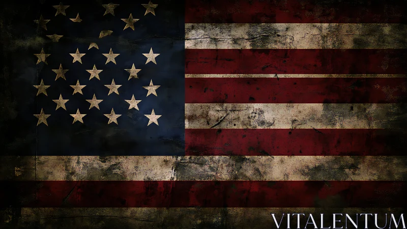 Weathered American flag with distressed grunge texture overlay.