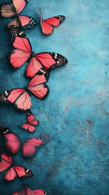 Crimson butterflies against textured cyan gradient wall.