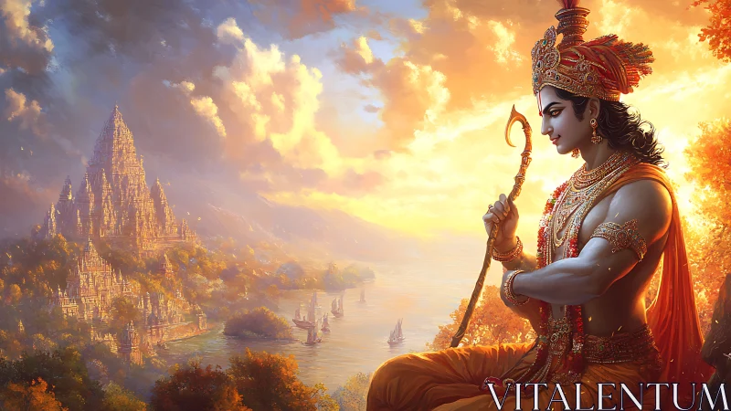 Divine warrior gazes over golden river kingdom at dawn.