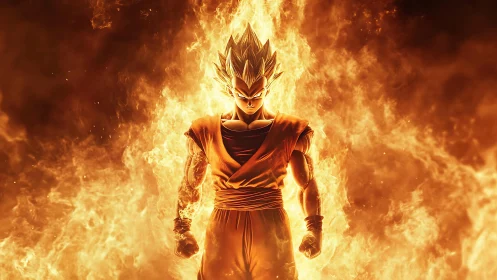 Fiery anime warrior ascending within blazing inferno.