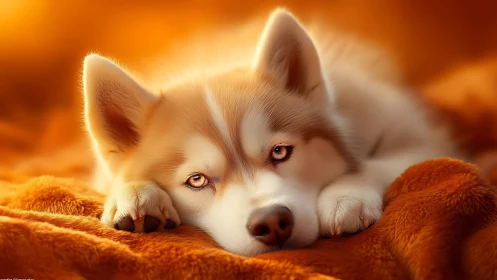 Sunlit husky drifts into dreamy warmth on molten blankets