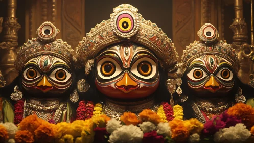 Radiant Jagannath deities glow amid flowers and golden light
