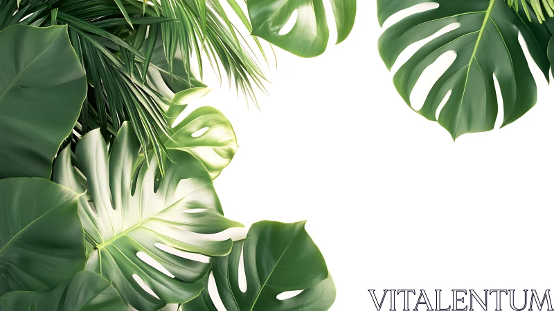 Tropical monstera leaves frame clean white negative space