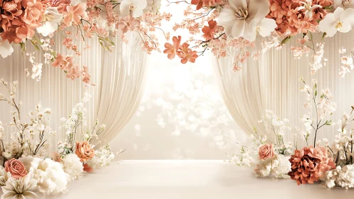 Soft floral archway backdrop with peach white blossoms.