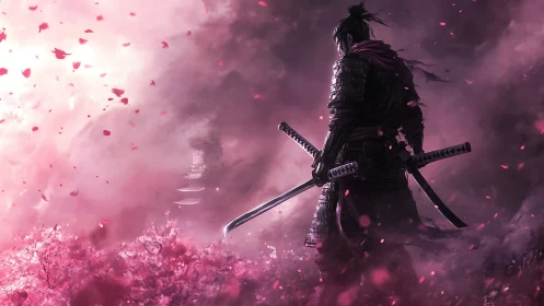 Samurai warrior stands amid crimson cherry blossom storm.