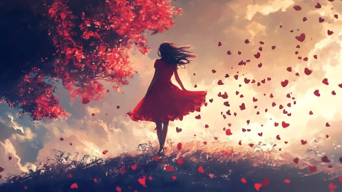 Silhouette of woman in red dress amid drifting heart petals.