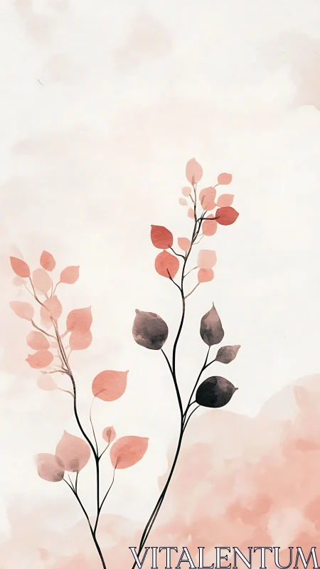 Minimal watercolor branches with soft pink foliage.