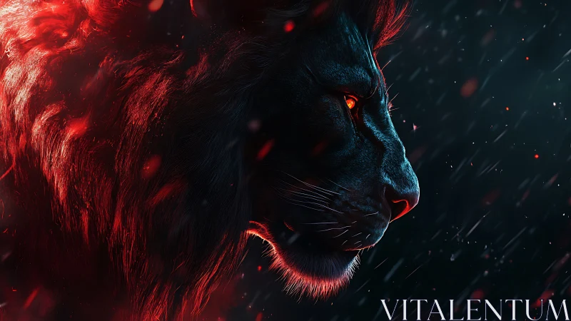 Volumetric ember-lit lion profile in chromatic contrast.
