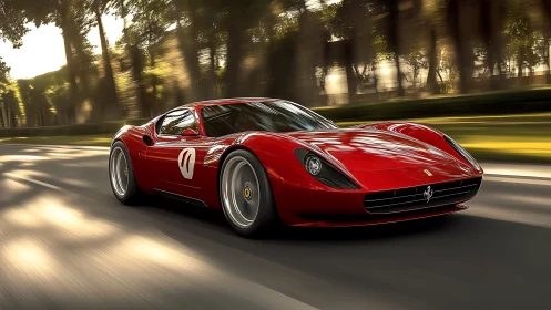 Red mid‑engine sports coupé on sunlit boulevard with motion blur