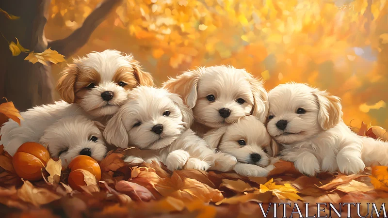 Six small puppies rest on autumn leaves in soft lighting