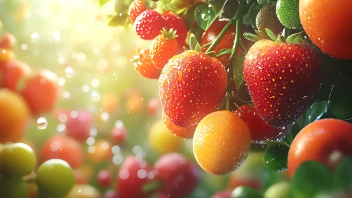 Sunlit strawberry orchard glows with dewy jewel-bright fruit.