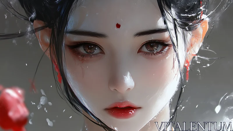 Moonlit geisha gaze in crimson silence and drifting petals.
