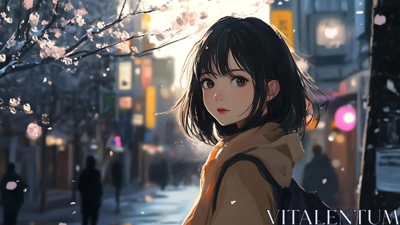 Young woman on city street under blooming tree at dusk.