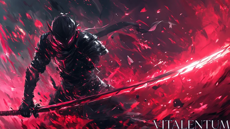 Dark armored swordsman swings blazing crimson katana arc