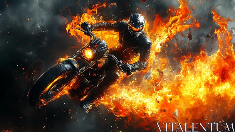 Inferno rider carving molten trails through midnight smoke.